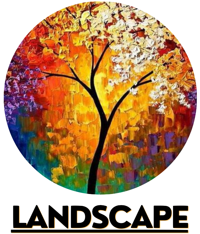 Colorful abstract painting of a tree with vibrant red, orange, yellow, white, purple, and green leaves, with a black trunk, and the word "LANDSCAPE" below it.