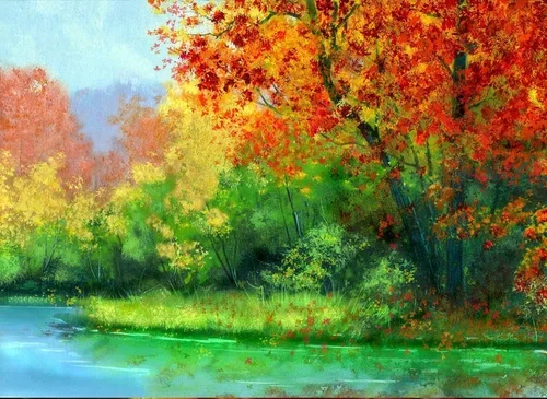 Painting of a fall landscape with colorful trees, a river, and green grass.