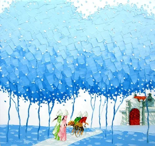 Watercolor painting of a winter scene with a row of leafless trees, a house with a red door, and two women in colorful dresses pulling a sled with children through snowy ground.
