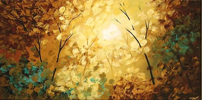 An abstract painting of a forest canopy with sunlight shining through autumn-colored leaves.