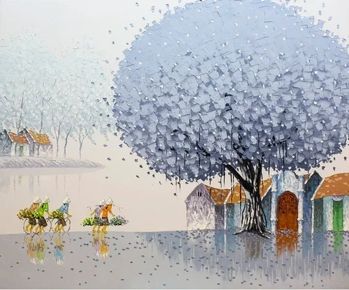 A watercolor painting of a village scene with houses, a large tree with purple leaves, and two horse-drawn carriages on a reflective wet surface.