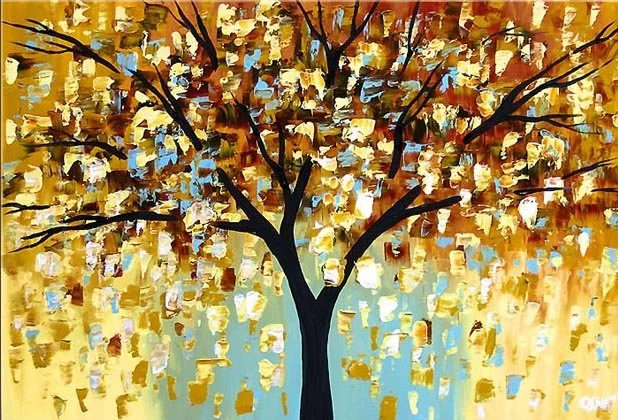 An abstract painting of a tree with orange, yellow, and blue background.