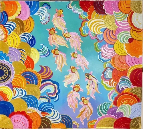 Colorful illustration of koi fish with pink and orange fins swimming among swirling clouds in vibrant colors, with a clear blue sky in the background.