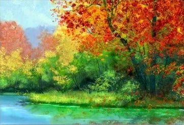 A vibrant autumn landscape featuring a river surrounded by colorful trees in fall foliage, with hues of red, orange, yellow, and green.