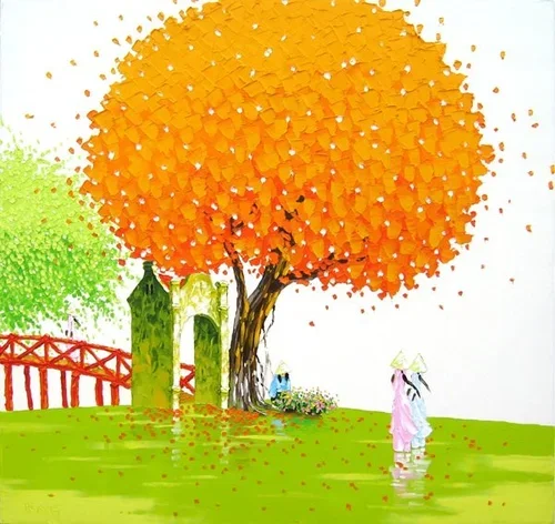 Painting of a park scene with orange and green trees, a red bridge, and a woman in a pink dress carrying a parasol.