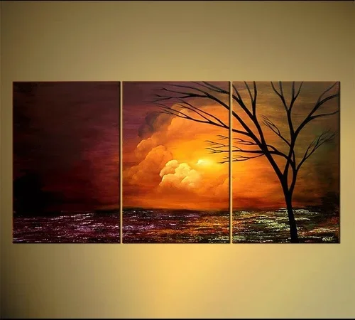 Triptych painting of a sunset with a tree silhouette on the right panel.