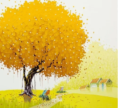 Painted landscape with a large orange tree, a person riding a bicycle, and small houses in the distance.