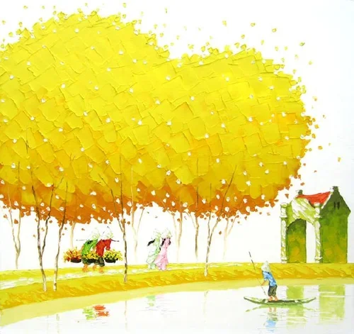 A watercolor painting of a park scene with large yellow-orange trees, a person in a blue outfit on a paddleboard, and a green house with a red roof on the right.