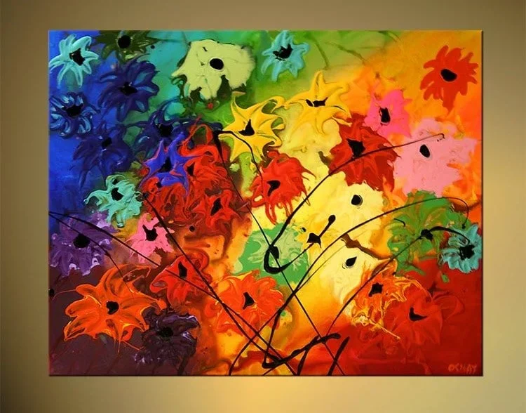 Colorful abstract painting of various flower shapes in rainbow colors with black centers, set against a warm background.