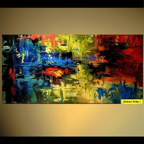 Colorful abstract painting with blue, green, yellow, red, and black brushstrokes on a rectangular canvas.
