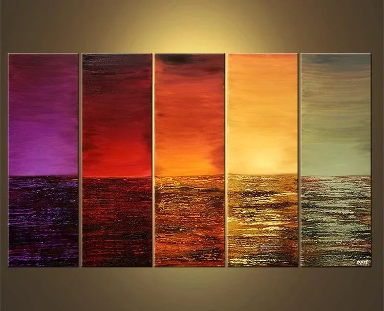 Multicolored five-panel abstract artwork resembling a sunset over water