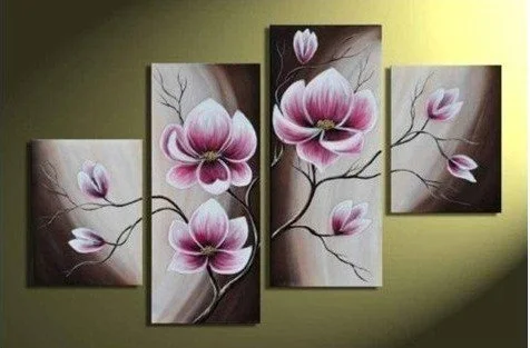 Four-panel wall art depicting pink and white magnolia flowers on branches