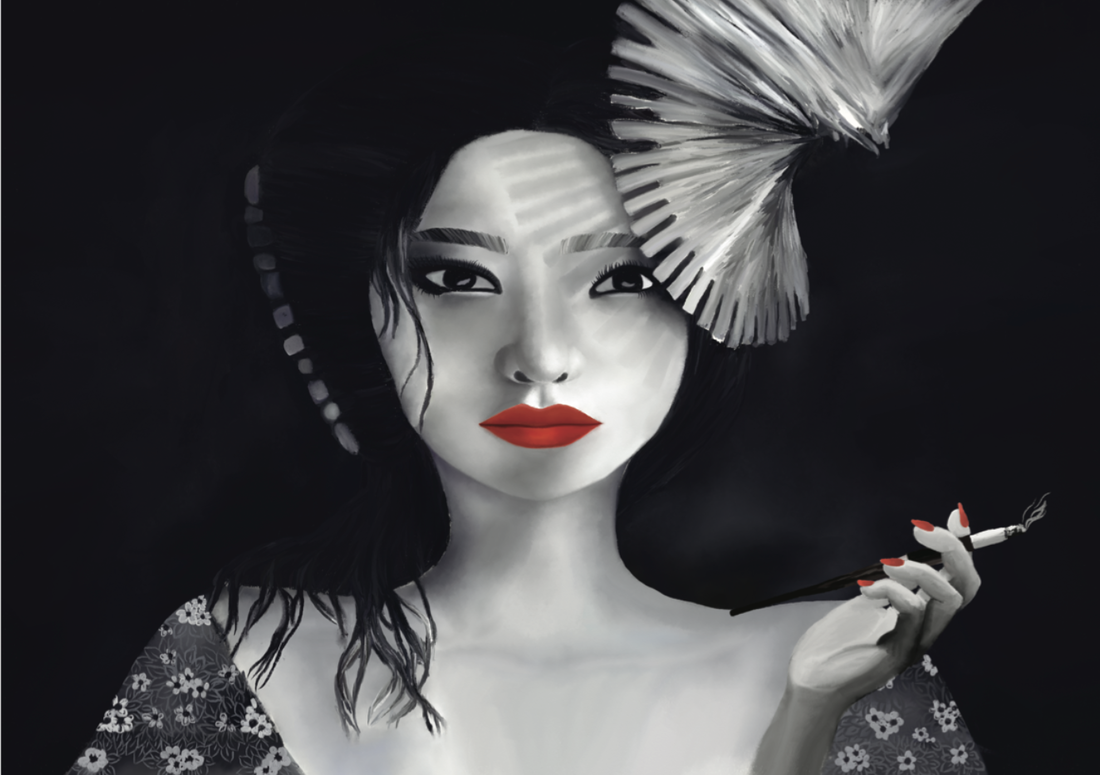 A black-and-white digital illustration of a woman with dark hair, bold red lips, and eye makeup. She holds a cigarette with red nails, and has a large, decorative paper fan in her hair. She is wearing a floral-patterned garment against a dark backgro