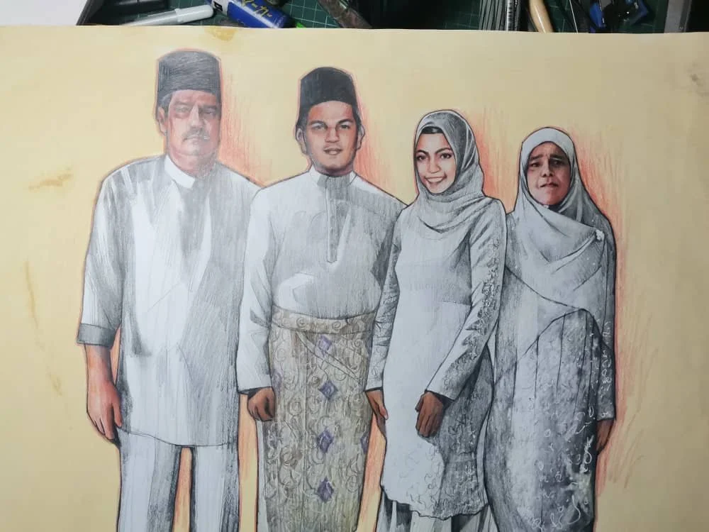 Drawing of four people dressed in traditional Malay attire, standing side by side against a light background.