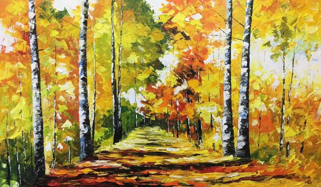Painting of an autumn scene with a dirt path through trees with yellow, orange, and green leaves.