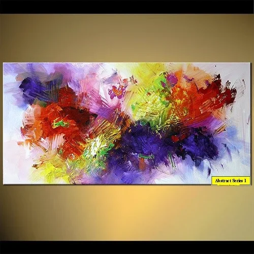 Colorful abstract painting with splashes of purple, red, yellow, green, and orange on a white canvas, titled "Abstract Series 1."