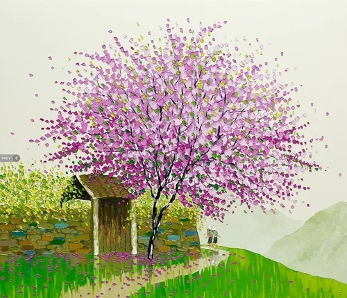 Painting of a landscape with a blooming pink cherry blossom tree, a small wooden house, green grass, and distant mountains.