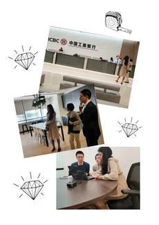 Collage of three images inside a financial or corporate office, including a reception area, an office meeting, and professional staff working.