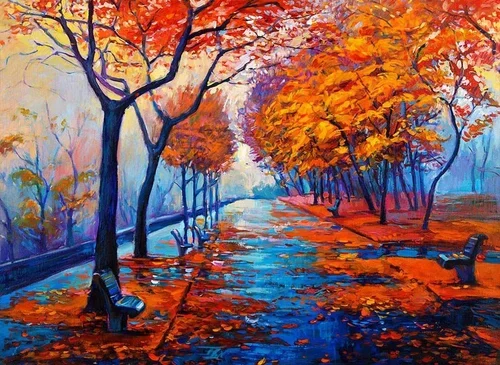 Colorful painting of an autumn park with orange, red, and yellow leaves, leaf-covered benches along a path, and a river on the side.