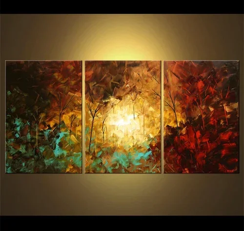 Abstract triptych painting of an autumn forest scene with colorful leaves and sunlight.