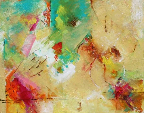 Abstract painting with splashes of green, red, pink, yellow, and beige colors.