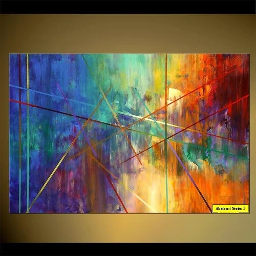 Abstract colorful painting with intersecting lines and geometric shapes on canvas.