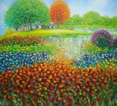 Colorful landscape painting of a garden with vibrant flowers, a pond, and trees with green, orange, and purple leaves.