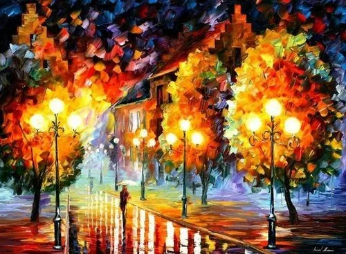 Colorful impressionist painting of a park at night with illuminated street lamps, trees with orange and yellow leaves, and a person holding an umbrella walking along a wet pathway.