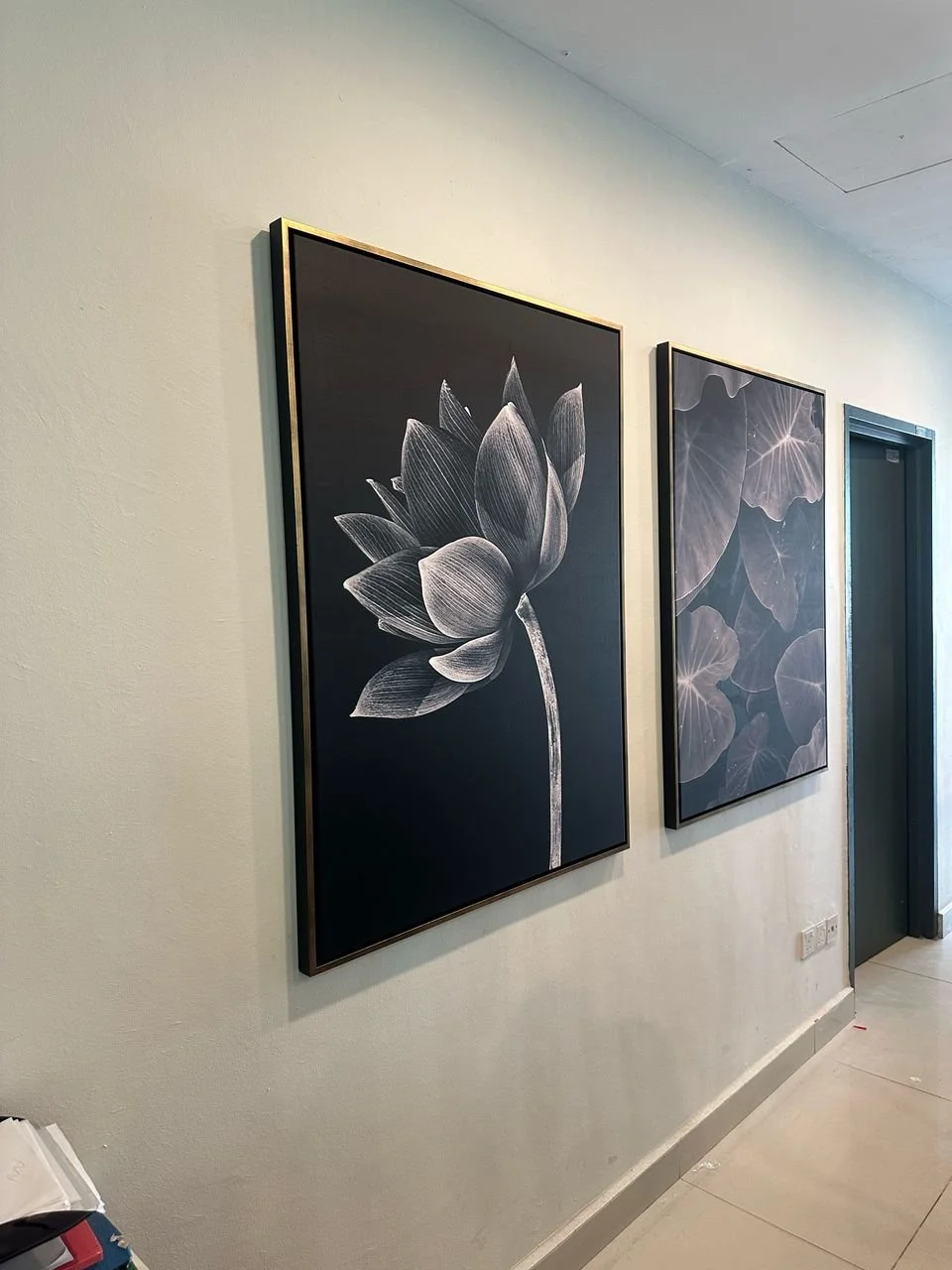 Two framed black-and-white botanical prints of flowers hanging on a white wall in a hallway near an elevator.