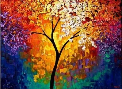 Colorful abstract painting of a tree with yellow, white, orange, purple, and blue leaves.