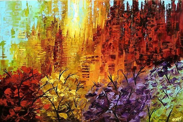 Abstract painting of a colorful landscape with a river, trees, and plants in vibrant rainbow colors including green, yellow, red, orange, purple, and blue.