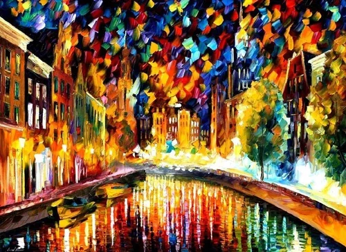 Colorful impressionist painting of a city street with buildings and a waterway, vibrant multicolored sky.