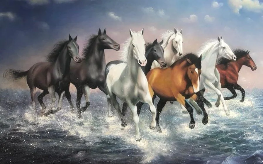 Oil painting of nine horses running through water near the shore, with a cloudy sky in the background.