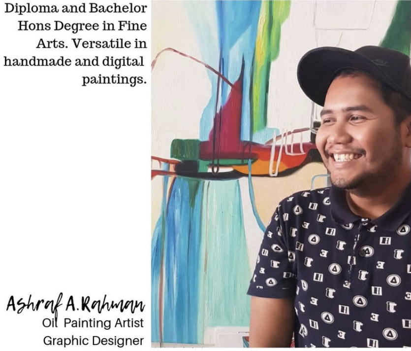 A smiling man wearing a black cap and a navy blue polo shirt with white geometric patterns, standing in front of an abstract colorful painting featuring blue, green, red, orange, and white tones. Text on the left side of the image describes his qualifications and skills as an oil painting artist and graphic designer.