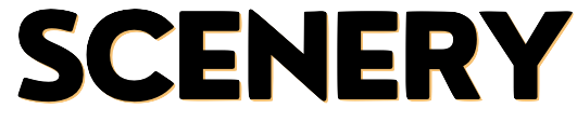 The word 'SCENERY' written in large, gold-outlined, black letters on a black background.
