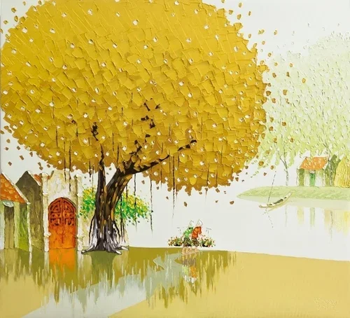 A painted landscape featuring a large yellow tree near a small house and a boat on a river, with a green grassy area and additional trees in the background.