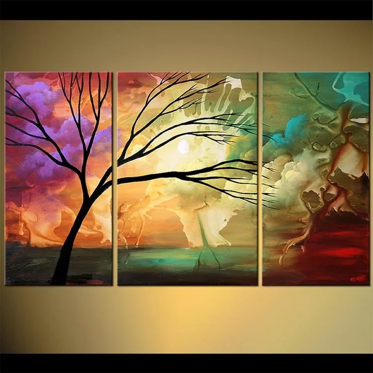 Triptych abstract landscape painting with a silhouetted tree, colorful sky, and swirling clouds