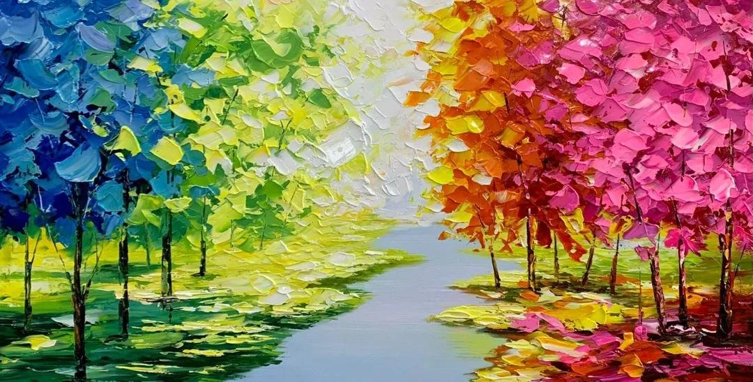 Impressionist painting of a colorful landscape with trees in shades of blue, green, yellow, orange, and pink by a river.