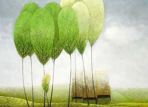 A landscape with five green and three pale yellow balloons resembling trees, a small tree in the foreground, and a house with a metal roof in the background.