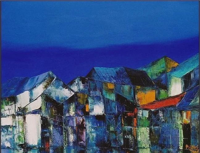 Painting of colorful houses or buildings under a blue sky with an abstract, expressive style.
