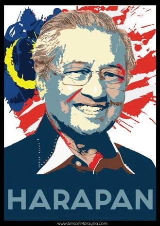 Illustration of a smiling man with glasses in front of an American flag background with a yellow crescent moon and star, along with the word 'HARAPAN' at the bottom.