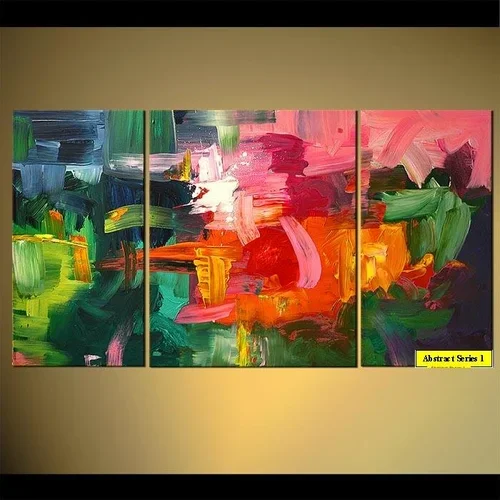 Multicolored abstract painting on a three-panel canvas, with bold brushstrokes of green, blue, pink, orange, and red, labeled 'Abstract Series 1'.