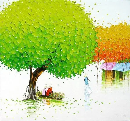 A colorful painting of large green and orange trees near a water body, with a person in blue clothing walking and a woman sitting under the tree.