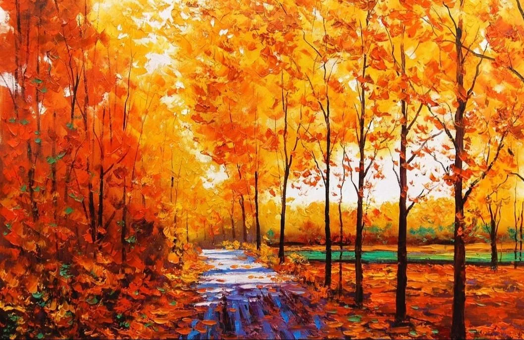 An autumn landscape painting of a path surrounded by orange and yellow-leaved trees with a field in the background.