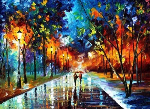 Impressionist painting of a rainy park with colorful trees, streetlights, and a person walking with an umbrella.