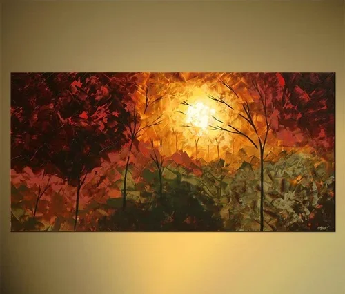 A painting of a sunset over a forest with vibrant red, orange, and yellow foliage, and silhouetted trees.