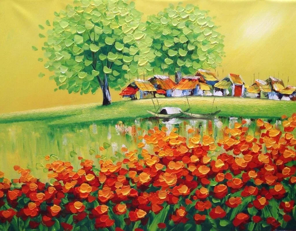 Painted landscape of a village by a lake with colorful flowers in the foreground, green trees, a few houses with orange roofs, and a boat on the water.