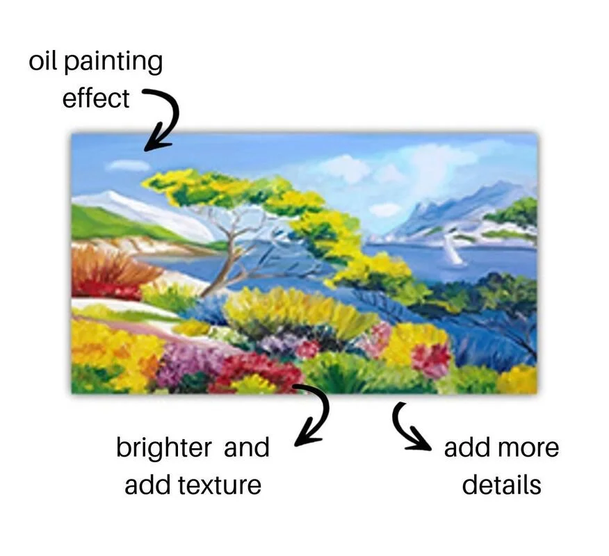 Colorful landscape painting with oil paint effect, showing mountains, water, trees, and flowers.