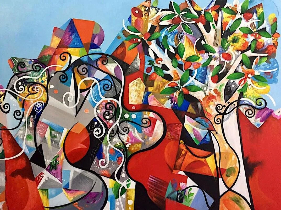 Colorful abstract painting of a woman with a detailed face, green leaves, and flowers in her hair.