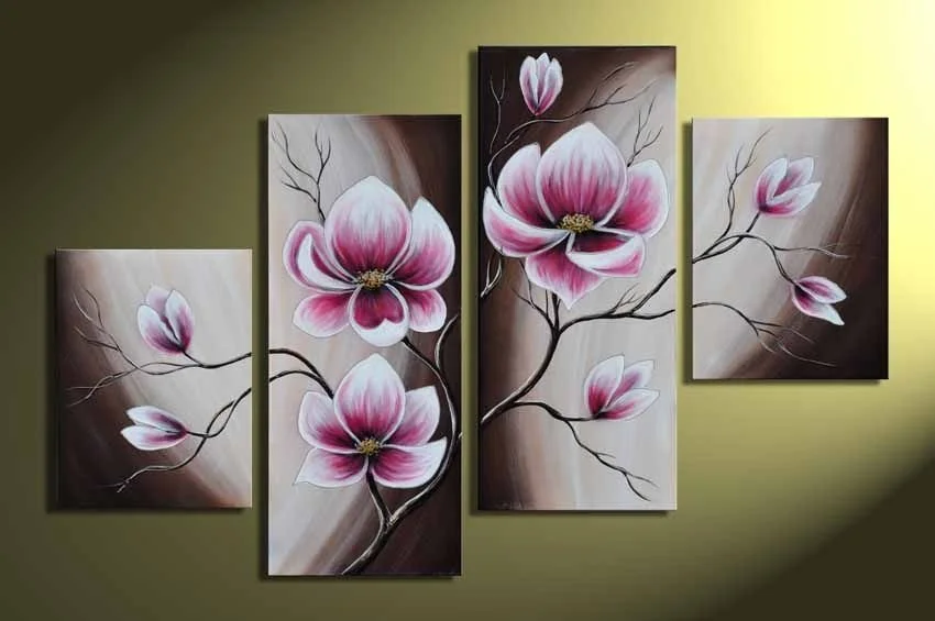 Multi-panel painting of pink and white magnolia flowers on dark branches set against a blurred brown and cream background, hanging on a yellow-green wall.